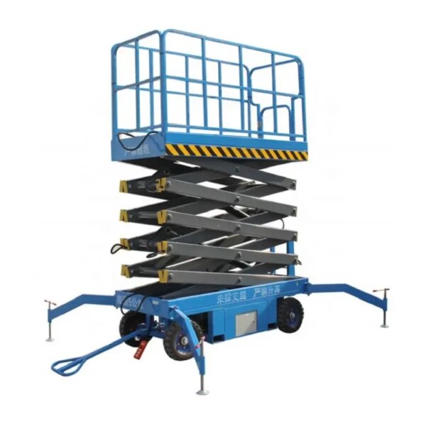 አንድ IHURMO ኤሌክትሪክ 500kg 19 Foot Scissor Lift platform with stabiliging outriggers እና የሞባይል መሰረት።