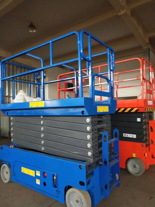 Two IHURMO Mobile Self Propelled Scissor Lifts parked in an indoor setting, one blue and one red.