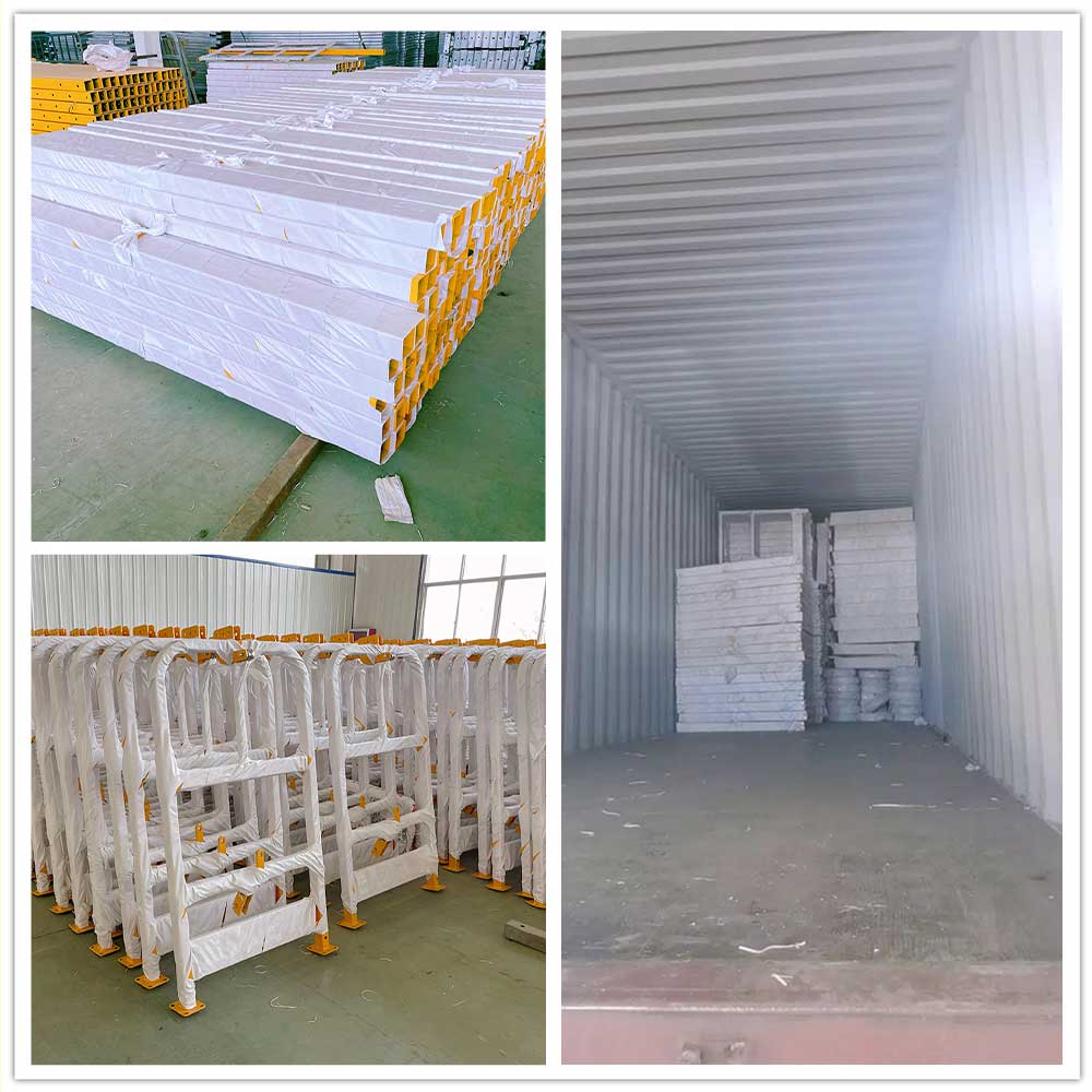 Stacked construction materials in a warehouse and an empty cargo container, alongside a ZLP630 platform.