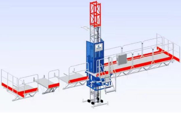 Illustratie van een IHURMO-mastklimmer met verticale mast, twee horizontale werkgebieden, leuningen, een bedieningspaneel en veiligheidsvoorzieningen.