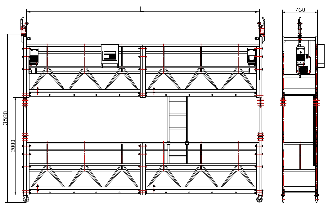 Disegno tecnico di una piattaforma di ponteggio sospesa a due livelli con misure, struttura di supporto, ringhiere, scale e viste.