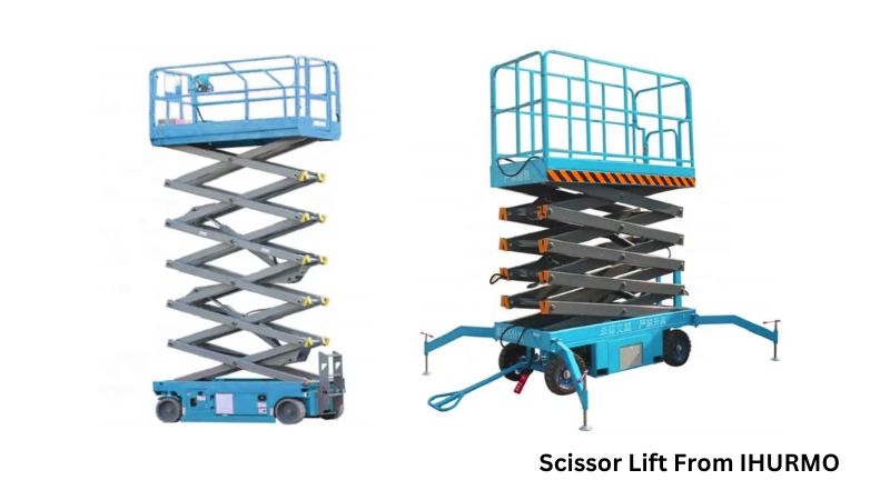 Two IHURMO blue scissor lifts: left with a lower platform/base, right with an extended platform/wheeled base. "Scissor Lift From IHURMO.