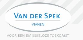 Logo: „Van der Spek, Vianen” cu „Voor een emissieloze toekomst” pe dungi, simbolizând un producător de top de macarale turn.