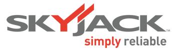 Skyjack-logo in grijs en rood met de slogan "simply reliable" in het rood, waarmee de status van het bedrijf als toonaangevende fabrikant van schaarliften wordt benadrukt.