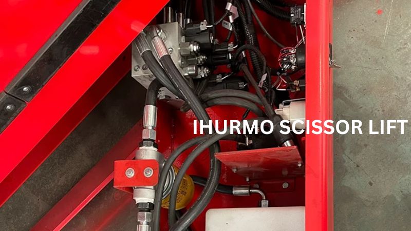 Komponen hidrolik dan selang pada "IHURMO SCISSOR LIFT" berwarna merah, menonjolkan pengangkatan yang andal dan efisien untuk proyek apa pun.