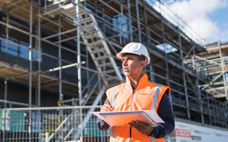Een bouwvakker met een witte helm en een oranje vest houdt een klembord vast bij een steiger op een IHURMO-projectterrein.