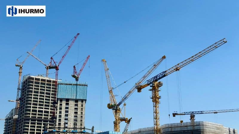 नीले आसमान के नीचे ऊंची इमारतों के आसपास क्रेनें काम कर रही हैं। ऊपरी बाएं कोने में IHURMO का लोगो है।.