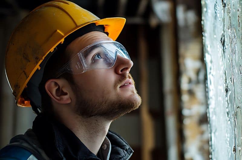 Construction worker in yellow hard hat and safety goggles looks up indoors near a window, following inspection protocols.