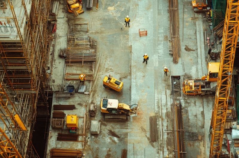 Construction workers on site follow safety and quality protocols during inspections.