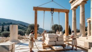 Ancient Greek construction site showing workers using ropes to lift large stone blocks during the building of classical architecture, highlighting early crane and construction techniques.