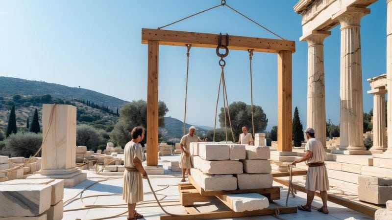 Ancient Greek construction site showing workers using ropes to lift large stone blocks during the building of classical architecture, highlighting early crane and construction techniques.