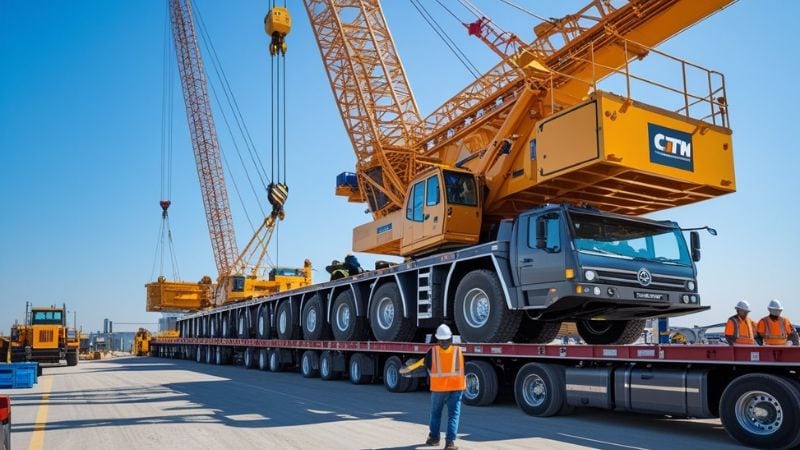 Heavy crane being transported on a flatbed truck for construction projects.