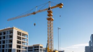 Ein großer gelber Turmdrehkran, der für den Bau von Hochhäusern eingesetzt wird, demonstriert seine für moderne Infrastrukturprojekte unerlässlichen Schwerlasthebefähigkeiten.