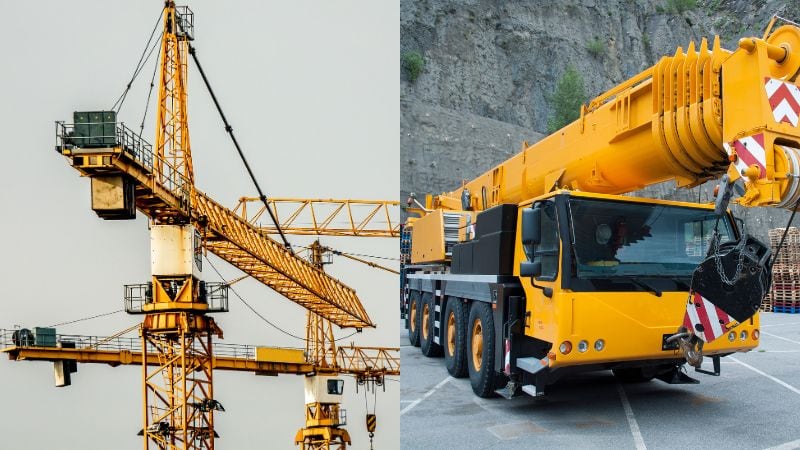 An image showcasing a large tower crane and a mobile crane, illustrating the engineering principles behind crane stability and safety measures used in construction.