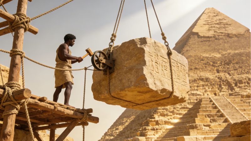 Worker using ancient scaffolding techniques to lift a large stone block near a pyramid, illustrating early methods of construction and scaffolding systems in ancient Egypt.