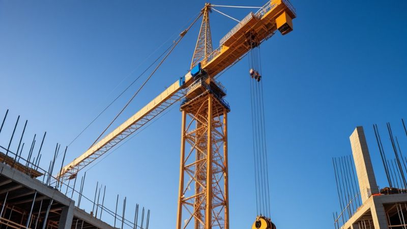 An image of a tower crane used in construction, showcasing its lifting arm and hook system for hoisting building materials. The crane is essential for high-rise construction projects, demonstrating ke.