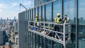Workers on a rope suspended platform cleaning and maintaining glass windows of a high-rise building in a city skyline.