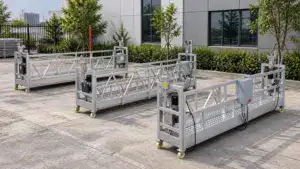 Multiple aluminum suspended platforms with safety railings and control boxes, designed for construction and maintenance work at height.