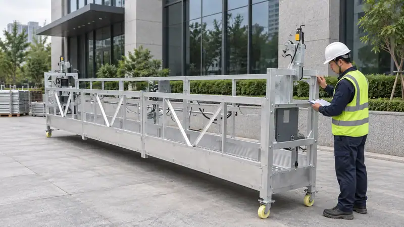 Construction worker inspecting a large aluminum suspended platform outside a modern building with glass windows and greenery.