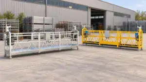 Two suspended platforms, one aluminum and one galvanized steel, are positioned outdoors in front of a warehouse, used for construction or maintenance work.