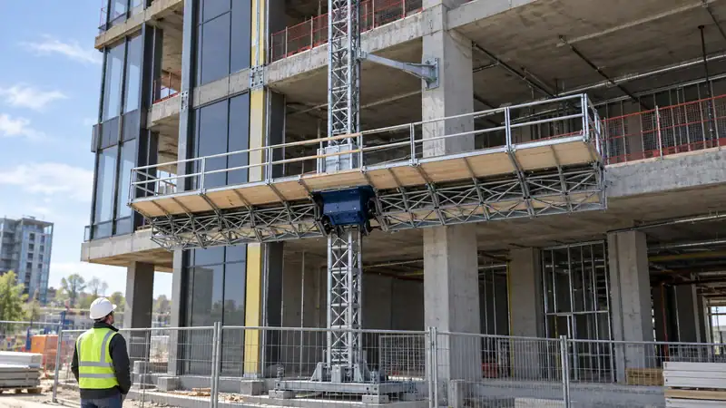 Construction worker in safety gear observing a suspended platform on a building under construction with a tower crane in the background.