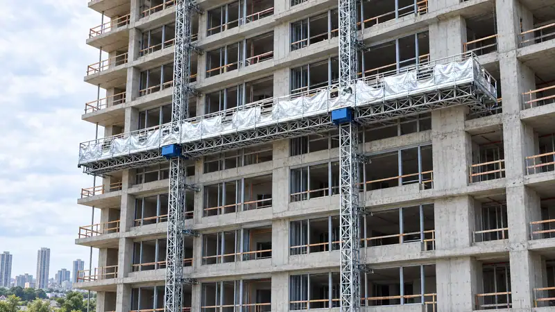 High-rise building under construction with suspended platforms and cranes, showcasing industrial scaffolding and safety measures.