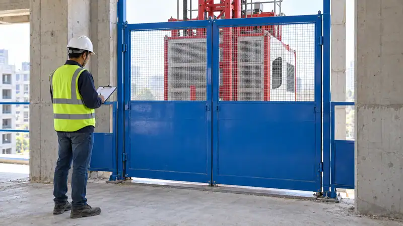 Construction worker inspecting a blue safety gate at an industrial site, with a crane and building structure in the background.