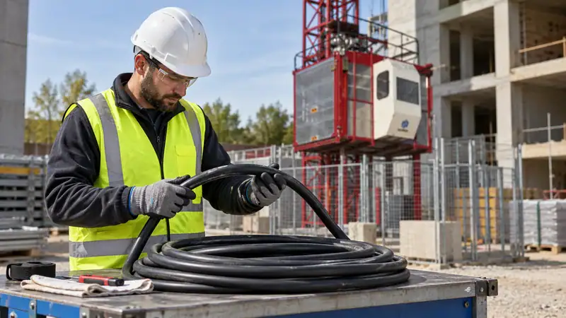 Construction worker wearing safety gear handling electrical cables at a building site with a crane in the background.