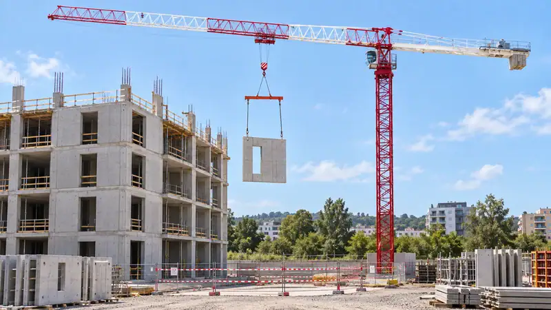 Tower crane lifting a concrete panel at a construction site with a partially built multi-story building and clear blue sky.