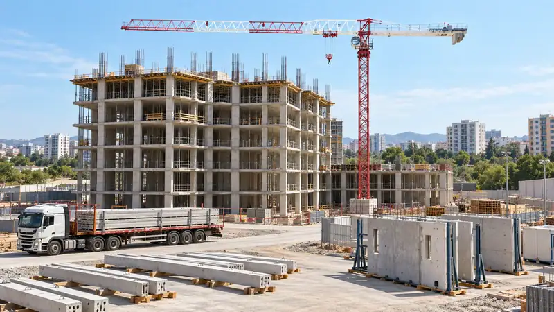Construction site featuring a high-rise building under construction with a tower crane and construction materials in the foreground.