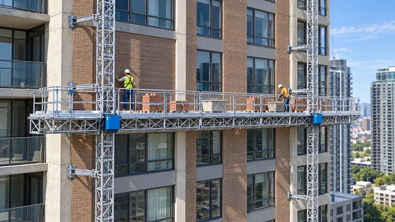 IHURMO SCP200/12D twin-mast climbing work platform with brick packs and mortar tubs staged along a masonry facade