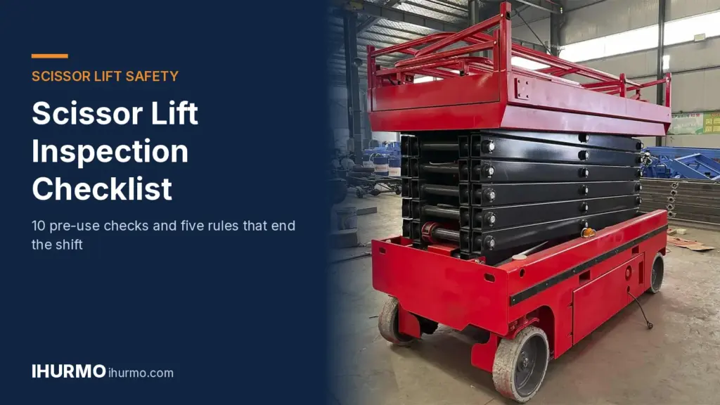 IHURMO red self-propelled scissor lift with platform raised in a factory yard