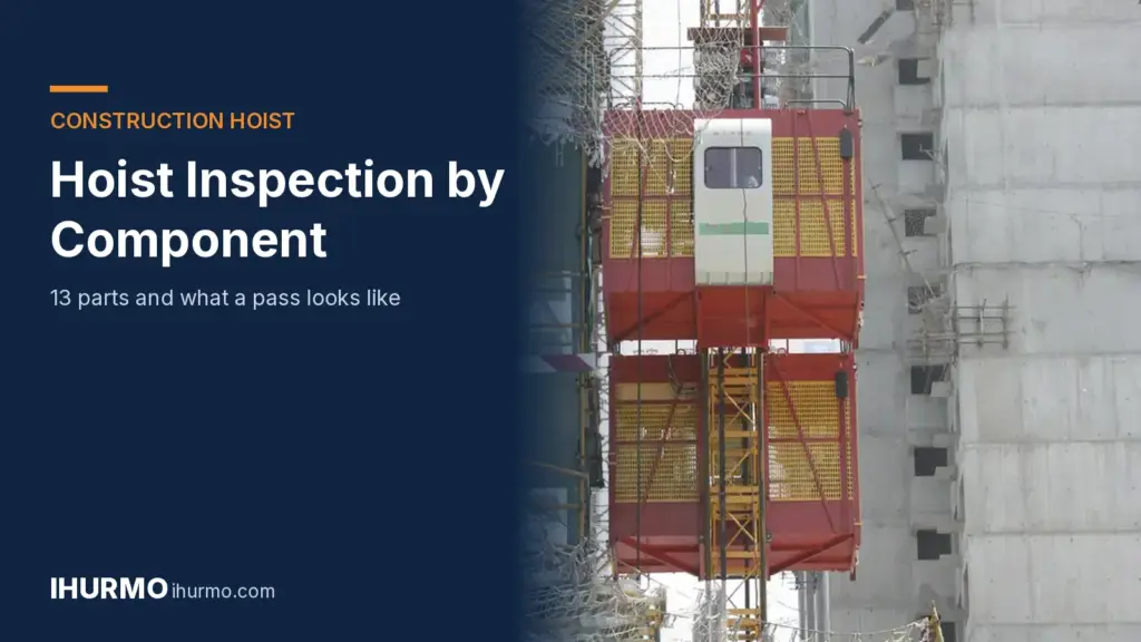 IHURMO rack and pinion construction hoist cage on the mast beside a building under construction