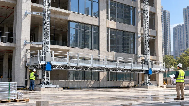 IHURMO SCP200/12D twin-mast climbing work platform at ground level beside its mast bases and control box