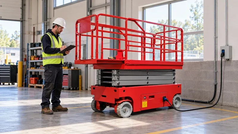 IHURMO electric self-propelled scissor lift (SJY0.5-6-S) on charge in a workshop while a technician reviews a checklist