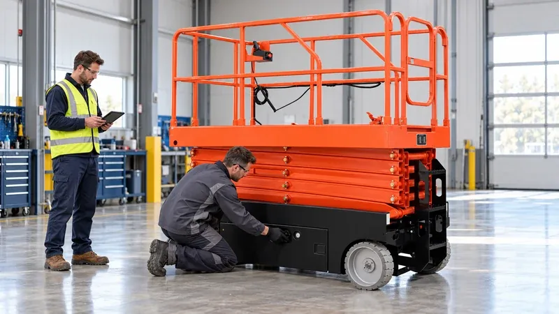 IHURMO mobile self-propelled scissor lift (SJY0.3-16-S) with a technician checking the swing-out battery compartment