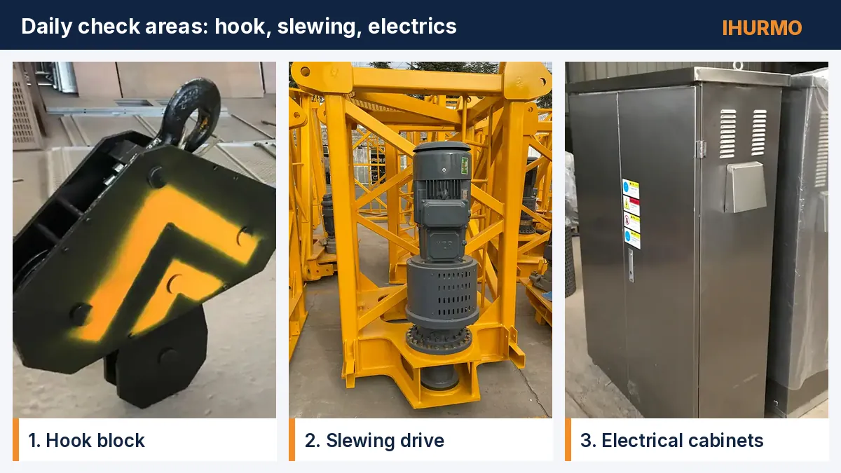 Tower crane hook block, slewing drive and electrical cabinets photographed at the IHURMO factory