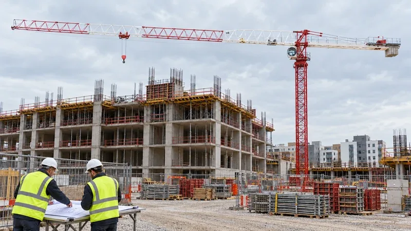 IHURMO 12-ton flat-top tower crane with a red mast behind engineers reviewing a site lift plan