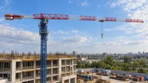 IHURMO PT7015-10 Obendreher-Turmdrehkran mit blauem Mast und 70-m-Ausleger über einer Baustelle