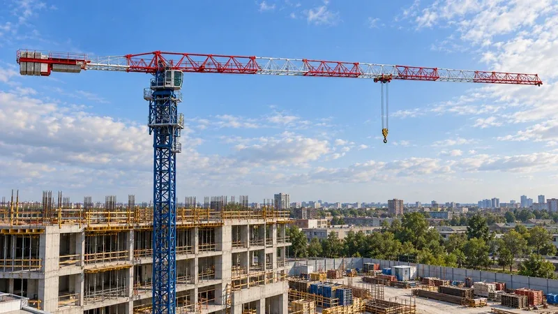 IHURMO PT7015-10 topless tower crane with a blue mast and 70 m jib over a construction site