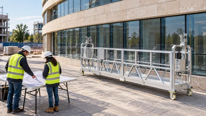 IHURMO ZLP800 aluminum alloy suspended platform beside engineers reviewing curved facade drawings