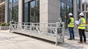 IHURMO ZLP630-platform van aluminiumlegering op de grond, terwijl ingenieurs een gebouwhoek inmeten