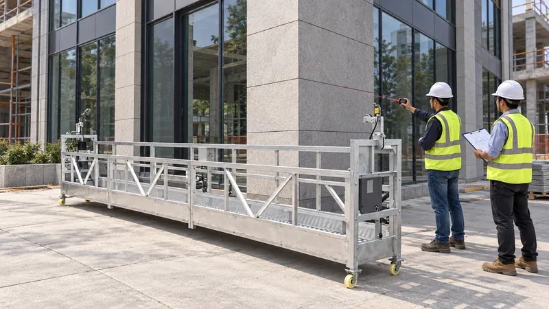 IHURMO ZLP630 aluminum alloy suspended platform staged at ground level while engineers survey a building corner