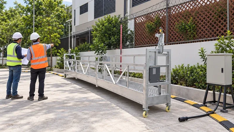 IHURMO ZLP630 aluminum alloy suspended platform with engineers planning the power-cable route to a distribution box