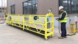 Plateforme suspendue électrique en acier IHURMO ZLP500, avec un technicien vérifiant un connecteur électrique industriel